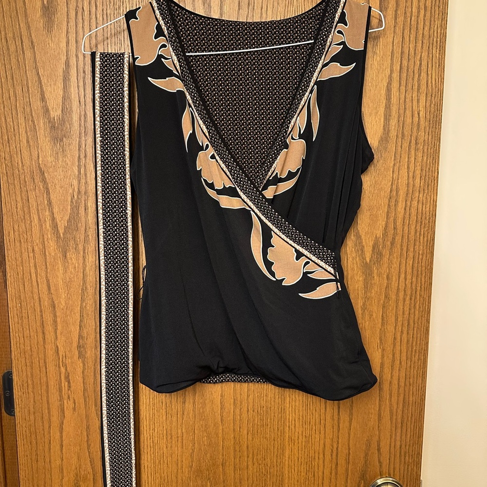 WHBM Chic Reversible Black and Tan Floral Wrap Blouse